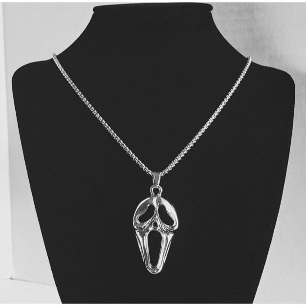 Mens 18K White Gold Scream Mask Pendant 24" Chain Necklace Guys Silver Jewelry
